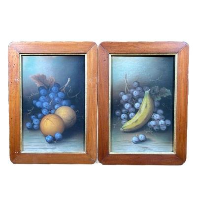 (2pc) PAIR PASTEL FRUIT STILL LIFES | Pair of framed pastel fruits, one with grapes and oranges, one with grapes and a banana; no...