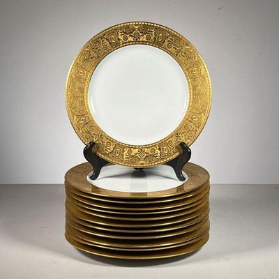 (12pc) T&V LIMOGES GOLD RIM DINNER PLATES | Set of 12 Embossed Gold Rim Dinner Plates Plates - dia. 11 in. 
