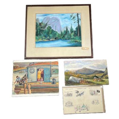 (4pc) VARIOUS PAINTINGS | Including a western mountain landscape; a riverboat scene; a rocky landscape with clouds, and a leaf from a...