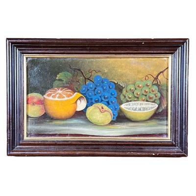 AMERICAN SCHOOL (19TH CENTURY) STILL LIFE | Tabletop still life with cut fruits, grapes. Oil on board No apparent signature 