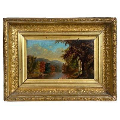 HUDSON RIVER SCHOOL (19TH CENTURY) | autumn riverscape. Late 19th C. Painting showing autumnal trees along a river before mountains and...