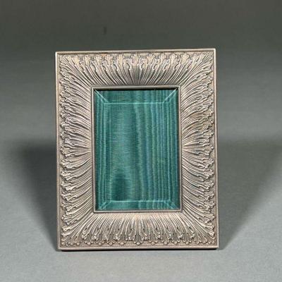 BUCCELLATI ROUCHE LINENFOLD FRAME | Sterling silver frame with linenfold embossed decoration, green leather insert with beveled glass...