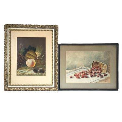 (2pc) STILL LIFE PAINTINGS | Including a pastel of plums and grapes, and a watercolor of strawberries in basket. - Plum Pastel 