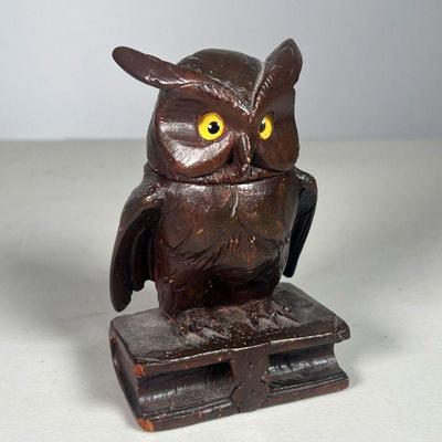 CARVED WOOD OWL-FORM INKWELL | Carved Owl inkwell on book. With Glass ink insert. 