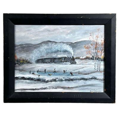 WILLIAM 'BILL' PAXTON (1930-2007) | Train and Hockey Players in the Snow. oil on artist's board William Bill Paxton, Lewiston ME, Oil on...