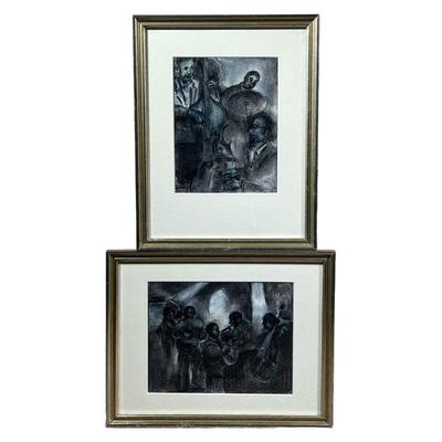 (2pc) PAIR FRAMED JAZZ ART | 20th century American School framed pair of crayon on wax paper drawings of jazz musicians, 9.5 x 7.5in sight. 