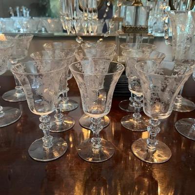 Set of 1920s, 1930s Tiffin crystal stemware â€œFuchsiaâ€
10 coupes, champagne glasses, sherbet glasses
9 small wine glasses, dessert...