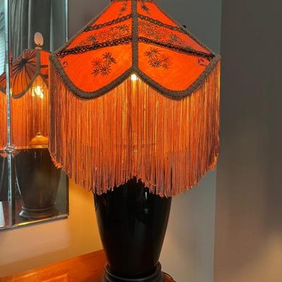 Art Deco black glass lamp with antique 1920s fringed silk shade, very good condition