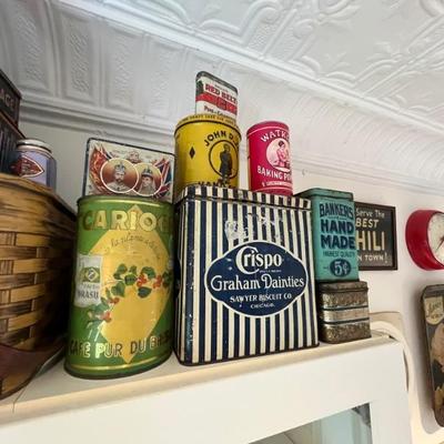 lots of antique tins with brand logos--Star Lard, Utz potato chips, Oxydol, Campfire Marshmallows, Duz laundry soap, Lifebuoy, and more