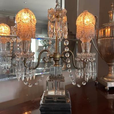 antique candelabra style crystal lamp with 2 bulbs and crystal bulb covers