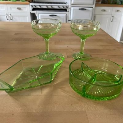 Loads of green Depression glass, uranium glass, all vintage and antique