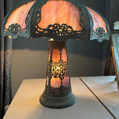 rose slag glass lamp, marked FD, very good condition, antique, Art Nouveau 