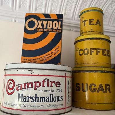 lots of antique tins with brand logos--Star Lard, Utz potato chips, Oxydol, Campfire Marshmallows, Duz laundry soap, Lifebuoy, and more