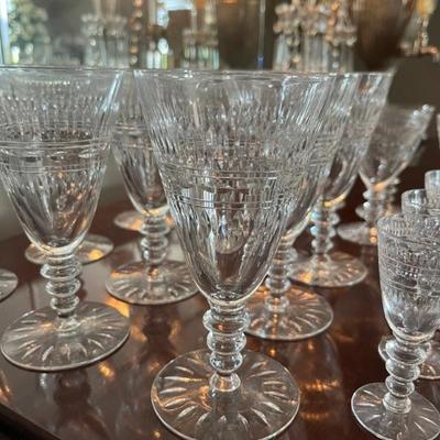 Set of 1920s, 1930s Tiffin crystal stemware â€œFranciscanâ€
9 water goblets
10 wine glasses
7 cordials