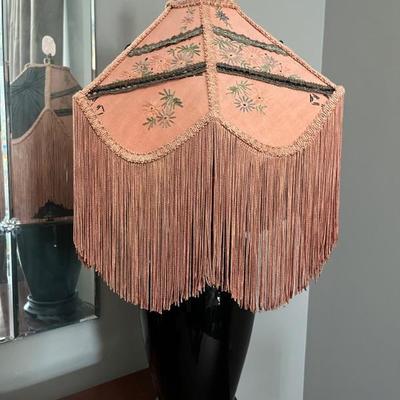 Art Deco black glass lamp with antique 1920s fringed silk shade, very good condition