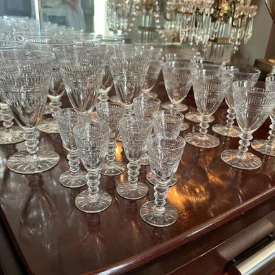 Set of 1920s, 1930s Tiffin crystal stemware â€œFranciscanâ€
9 water goblets
10 wine glasses
7 cordials