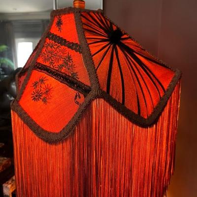Art Deco black glass lamp with antique 1920s fringed silk shade, very good condition