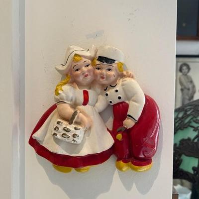vintage and antique ceramic wall pockets, made in Japan, flowers, birds, dogs, figures