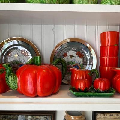 whimsical Mahuron Ware tomato dishes--tea pot, cups, cream and sugar, salt and peppers