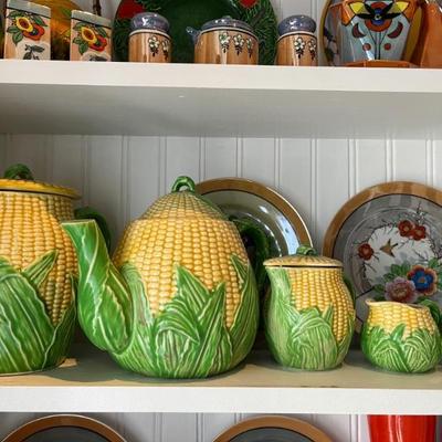 vintage corn cob teapots, creamers and sugar bowls