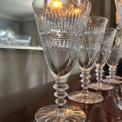 Set of 1920s, 1930s Tiffin crystal stemware â€œFranciscanâ€
9 water goblets
10 wine glasses
7 cordials