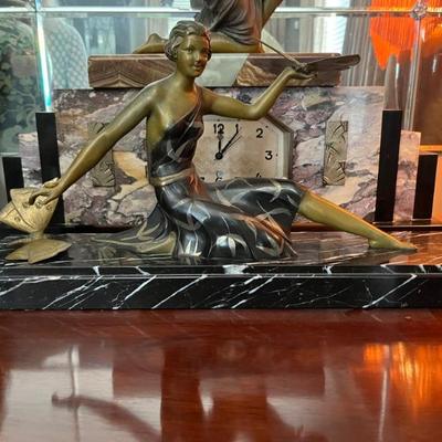 French Art Deco spelt sculpture of a woman with butterflies, bronze finish and marble base, one butterfly needs to soldered back on