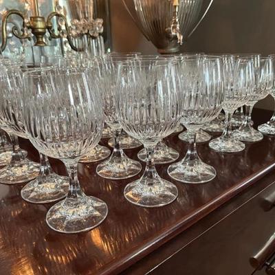 set of vintage French crystal wine and water glasses, 12 wine, 12 water