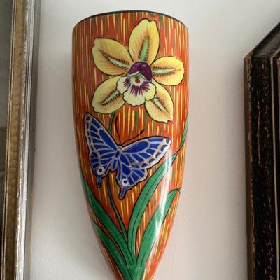 vintage and antique ceramic wall pockets, made in Japan, flowers, birds, dogs, figures
