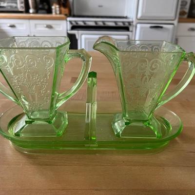 Loads of green Depression glass, uranium glass, all vintage and antique