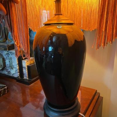 Art Deco black glass lamp with antique 1920s fringed silk shade, very good condition