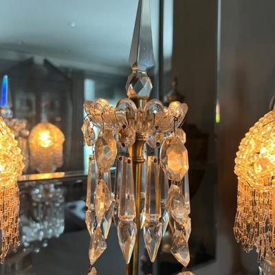antique candelabra style crystal lamp with 2 bulbs and crystal bulb covers