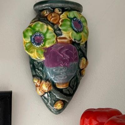 vintage and antique ceramic wall pockets, made in Japan, flowers, birds, dogs, figures