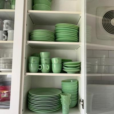 Lots of jadeite! Some vintage, some new, dishes, cups, bowls, vases