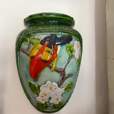 vintage and antique ceramic wall pockets, made in Japan, flowers, birds, dogs, figures