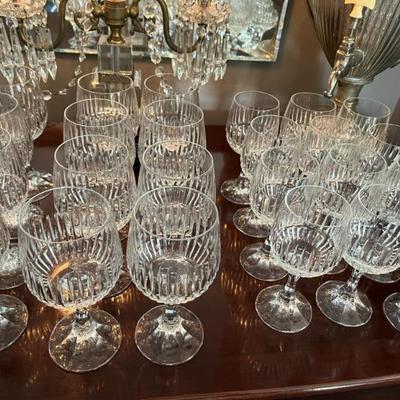 set of vintage French crystal wine and water glasses, 12 wine, 12 water