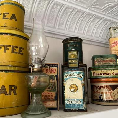 lots of antique tins with brand logos--Star Lard, Utz potato chips, Oxydol, Campfire Marshmallows, Duz laundry soap, Lifebuoy, and more