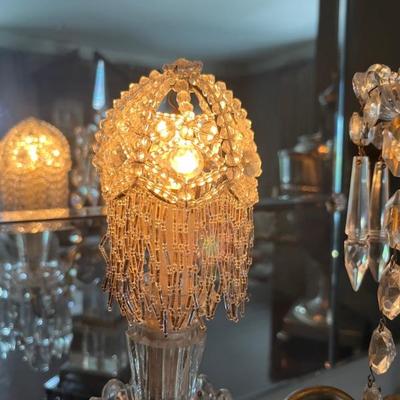 antique candelabra style crystal lamp with 2 bulbs and crystal bulb covers