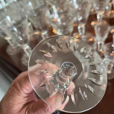 Set of 1920s, 1930s Tiffin crystal stemware â€œFranciscanâ€
9 water goblets
10 wine glasses
7 cordials