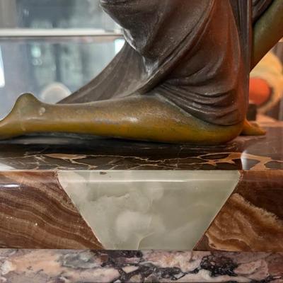 French Art Deco spelt statue of a woman with birds, bronze finish and marble base