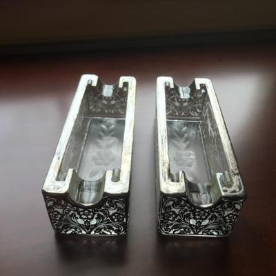 Vtg. glass sugar packet holders,  unusual w: silver overlay