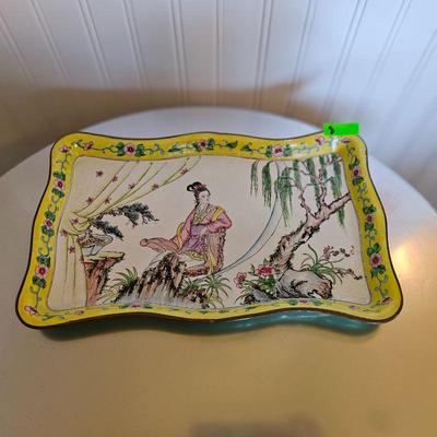 Antique Hand Painted Enameled Brass Tea Tray