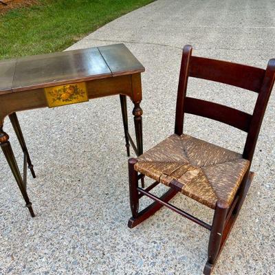 Lot 010-DG: Antique Vanity/Rocking Chair Duo

Includes: 
â€¢	Early 20th-c. vanity with fold-down mirror and two side storage...