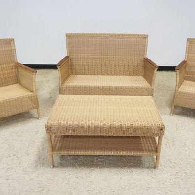 1113	4 PIECE WOVEN COUNTRY CASUAL PATIO SET INCLUDING TABLE, 2 ARM CHAIRS & SETTEE, SETTEE APPROXIMATELY 51 IN X 30 IN X 36 IN HIGH
