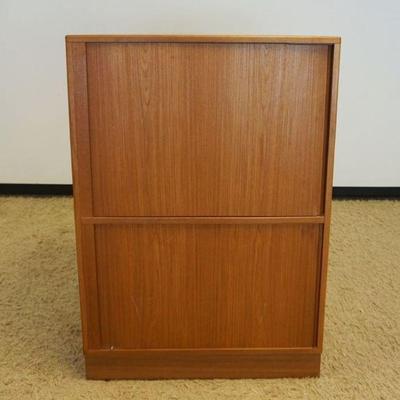 1039	DANISH MODERN ENTERTAINMENT CABINET W/SLIDING TAMBOUR DOORS, APPROXIMATELY 36 IN X 24 IN X 51 IN HIGH

