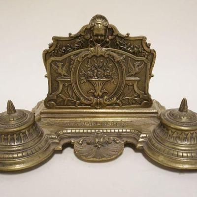 1055	ORNATE BRASS VICTORIAN LETTER HOLDER & DOUBLE INKWELL, INKWELL INSERTS MISSING, APPROXIMATELY 8 IN X 12 IN X 7 IN HIGH
