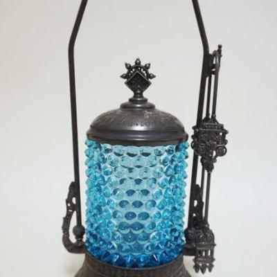 1059	VICTORIAN PICKLE CASTER, SILVERPLATE W/BLUE HOBNAIL GLASS INSERT, WILCOX SILVERPLATE, APPROXIMATELY 12 1/2 IN HIGH
