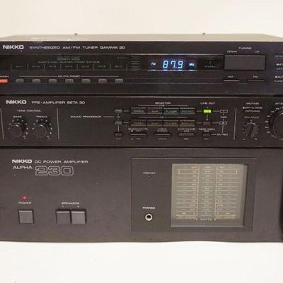 1250	NIKKO RACK OUNT STEREO SYSTEM INCLUDING ALPHA 230 DC POWER AMP, NIKKO BETA 30 PRE AMP AND NIKKO GAMMA 30 AM/FM TUNER. POWERS UP, NO...