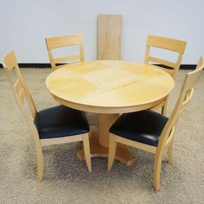 1019	MODERN STYLE PEDESTAL TABLE W/ONE LEAF & 4 CHAIRS, TABLE APPROXIMATELY 42 IN X 30 IN HIGH, LEAF APPROXIMATELY 18 IN, SOME SUN FADING...