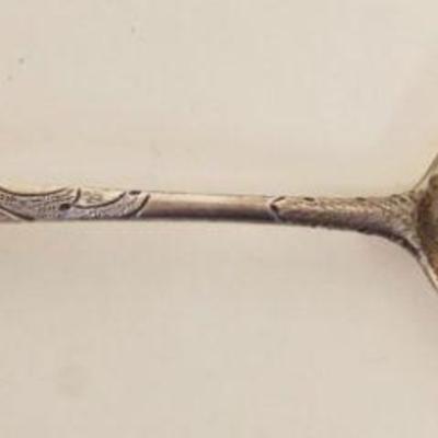 1078	ORNATE CONTINENTAL SILVER SPOON W/EMBOSSED DESIGNS, 1.65 OZT, TOUCH MARKS ON REVERSE
