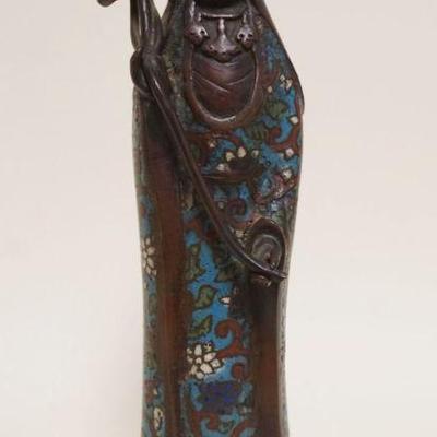 1051	ANTIQUE BRONZE ASIAN FIGURE W/ENAMELED DECORATED EXTERIOR, APPROXIMATELY 12 1/2 IN HIGH
